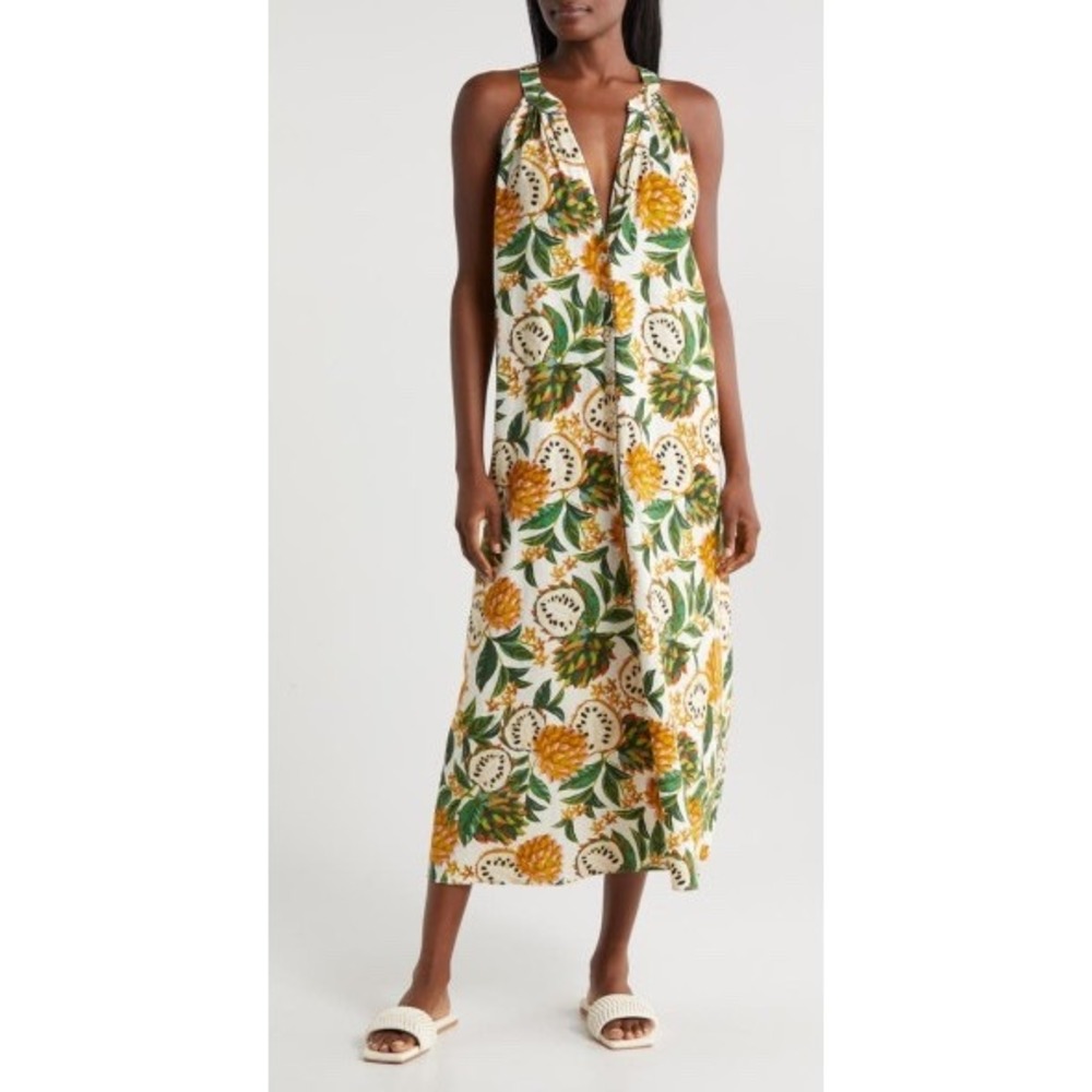 FARM Rio Biriba Maxi Dress Tropical Fruit Print Button Front Linen Blend Large